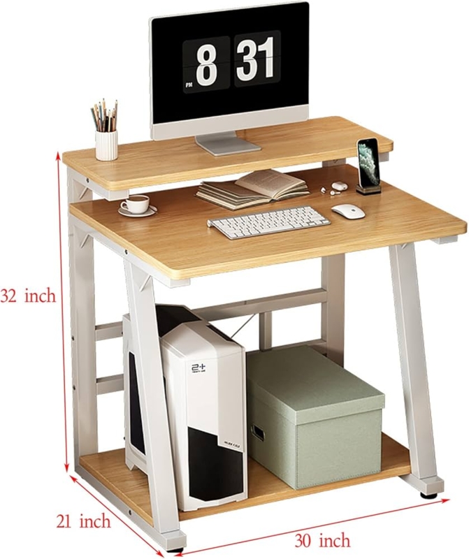 Oak Toned Computer Desk with Two-Tier Side Shelving, Industrial Desk
