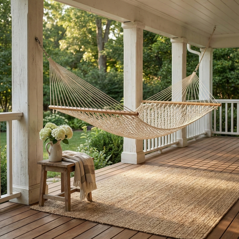 Off-White Open Weave Rope Hammock Wood Spreader Bars Boho