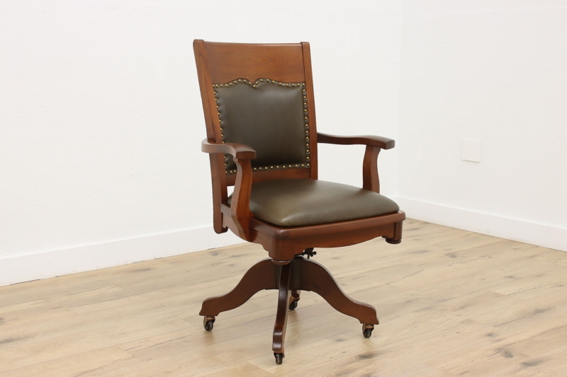 Office Chair Antique Victorian Spindle Back Walnut Swivel Leather