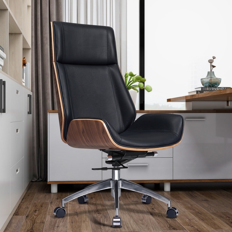 Office Chair: Armless Design, Black Leather-Like with Bentwood Shell.