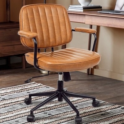 Office Chair Armless Ribbed Back Cognac Brown Swivel Chrome Base