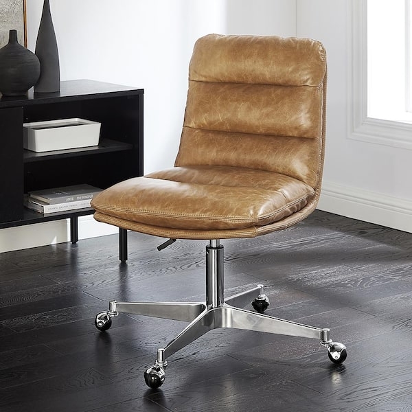 Office Chair: Armless Shell Silhouette, Brown Channeled Leather-Like.