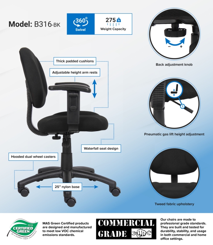 Office Chair, Back Depth Adjustment & Lumbar Support, Adjustable Arms