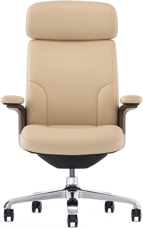 Office Chair: Beige Leather-Like Upholstery with Polished Chrome Accents.