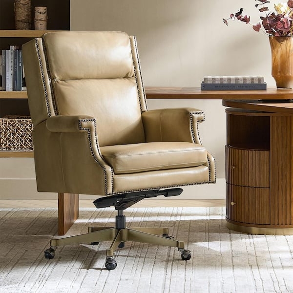 Office Chair: Beige Leather-Like with Fixed Arms, Bentwood Frame.