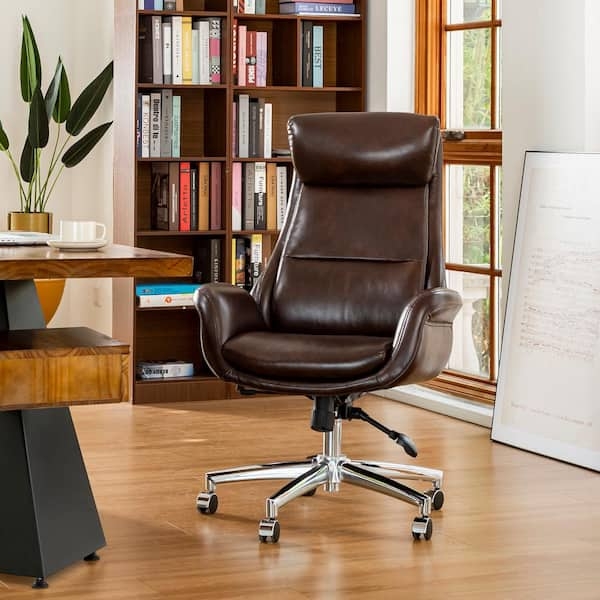 Office Chair Bentwood Channel Tufted Leather Coffee Brown Chrome Base