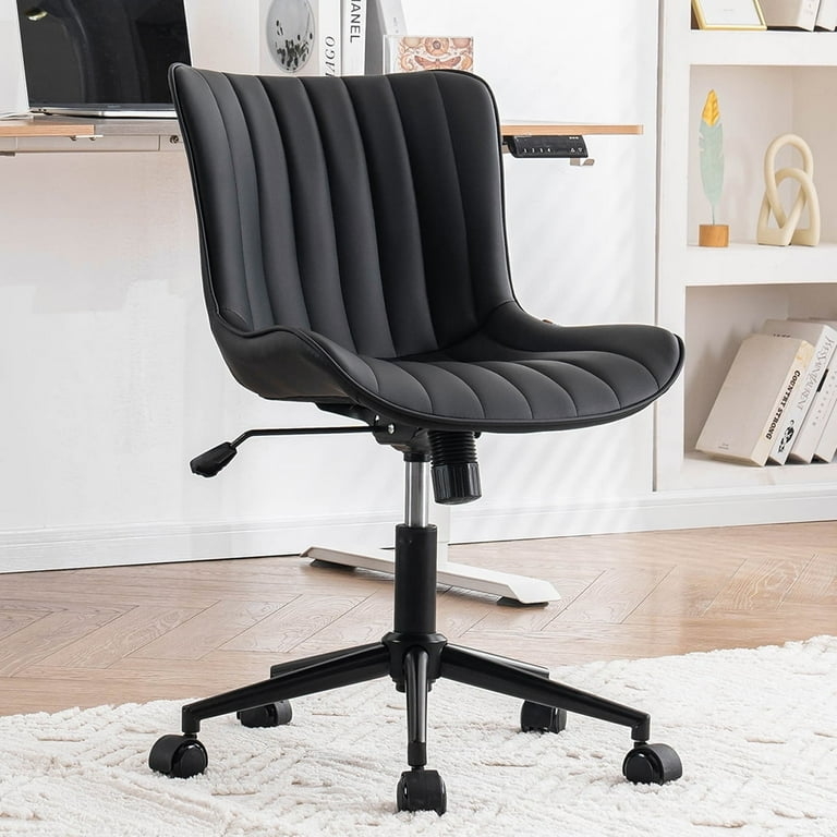 Office Chair Black Faux Leather Channeled Stitching Chrome Base
