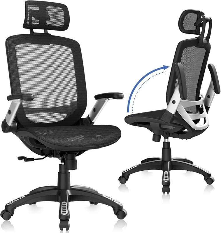 Office Chair Black Mesh Back Flip-up Arms Headrest Ergonomic
