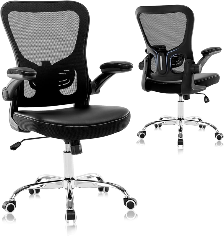 Office Chair, Black Mesh Back Flip-Up Arms, Lumbar Support