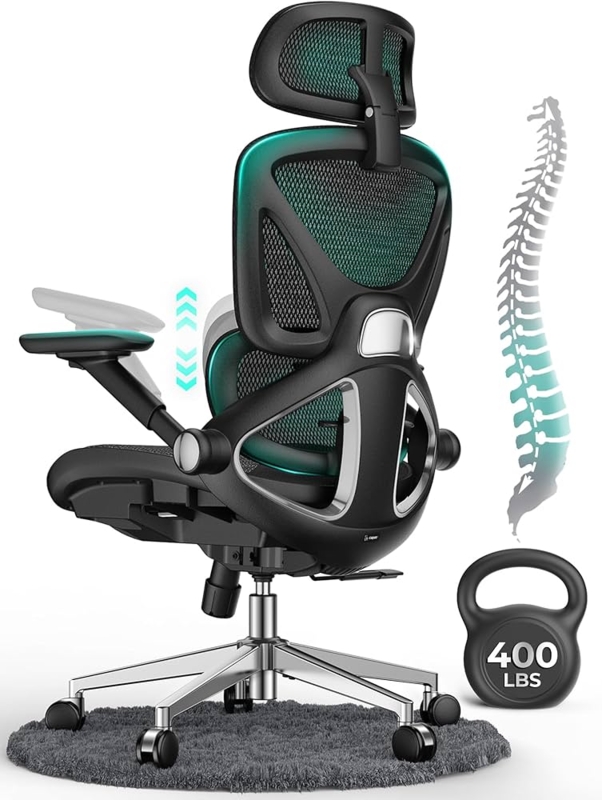 Office Chair Black Mesh Backrest Flip-Up Arms Upholstered Seat