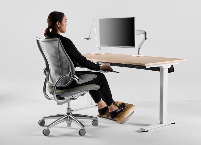 Office Chair Black Mesh in Workstation with Adjustable Monitor Arm