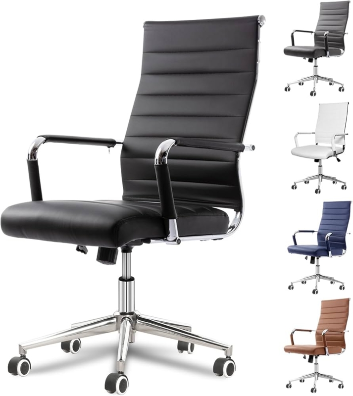 Office Chair Black Ribbed Back Polished Chrome Frame