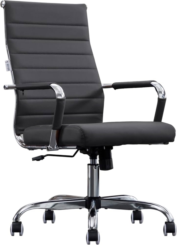 Office Chair: Black Ribbed Leather High Back Polished Chrome Frame