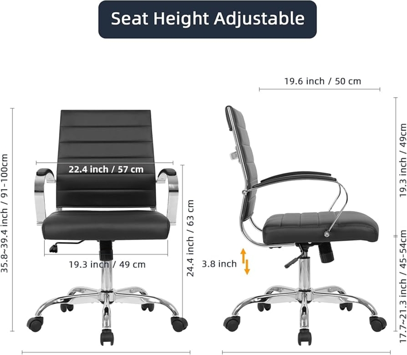 Office Chair Black Ribbed Loop Arms Polished Chrome Base Swivel
