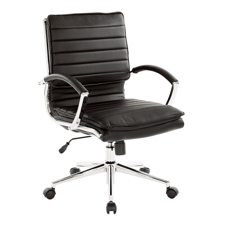 Office Chair Black Ribbed Mid-Back Chrome Loop Arms Leather-Like Task