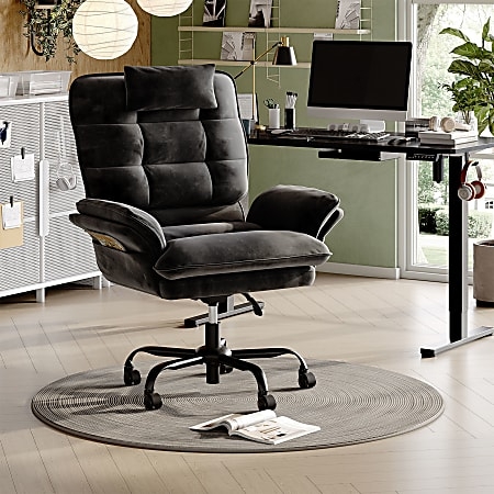 Office Chair Black Velvet High Back Padded Headrest Chrome