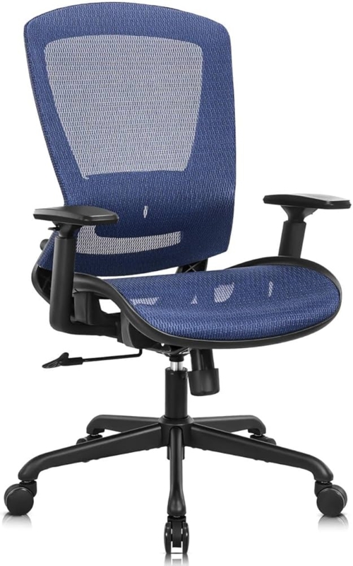 Office Chair, Blue Mesh Back White Frame, Adjustable T-Arms