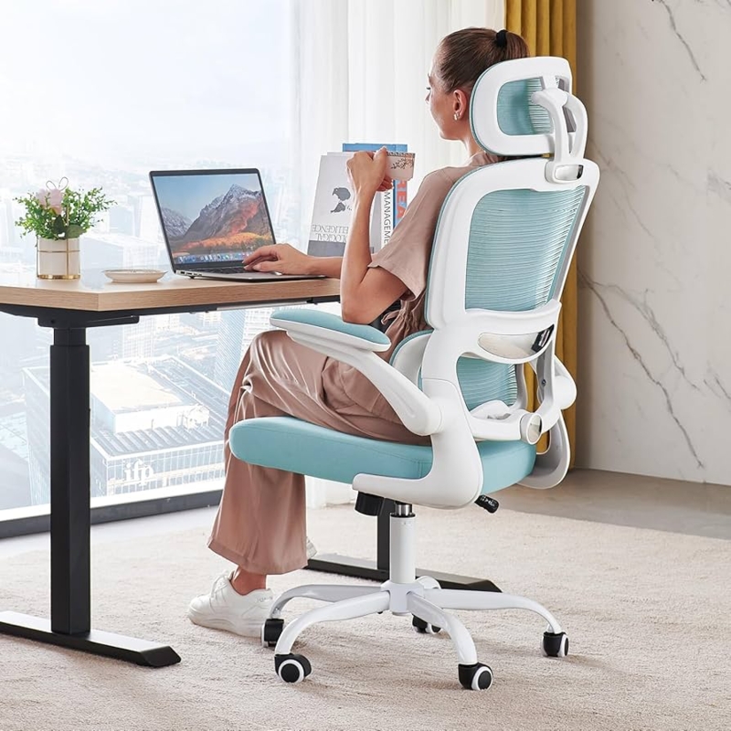 Office Chair Blue Mesh Flip-up Arms High Back Ergonomic