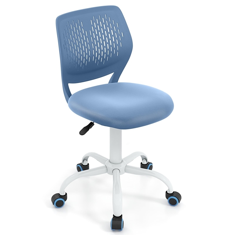 Office Chair Blue Ribbed Fabric Armless with Chrome Swivel Base