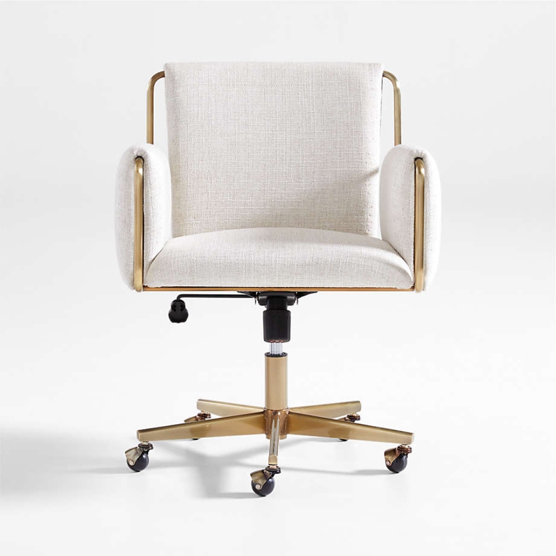 Office Chair Brass Base Natural Fabric Curved Armless