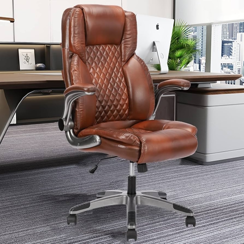 Office Chair: Brown Leather-Like, High-Back Design with Flip-Up Arms.