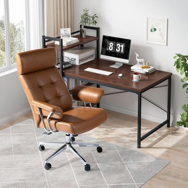 Office Chair Brown Leather-Like Horizontal Tufting Padded Arms Chrome