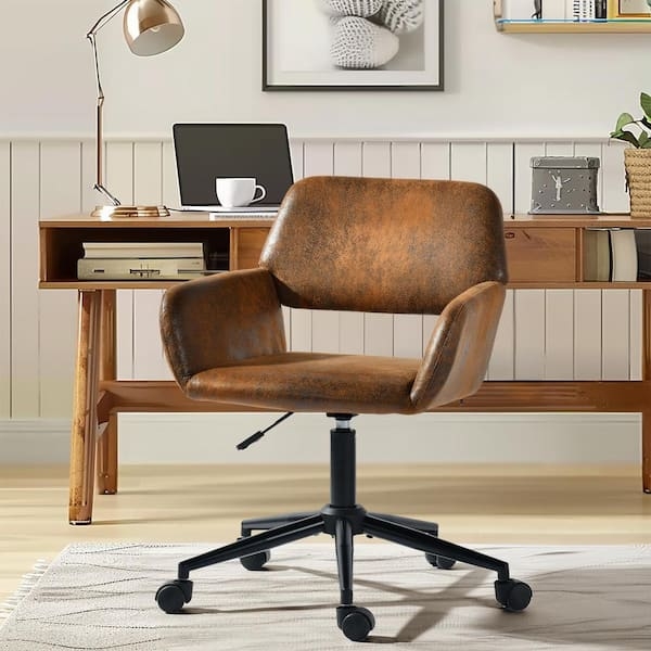 Office Chair Brown Suede Mid Back Support Modern Swivel Task Seating