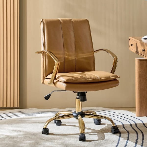 Office Chair: Camel Leather-Like, Channel Tufting with Wrapped Armrests.