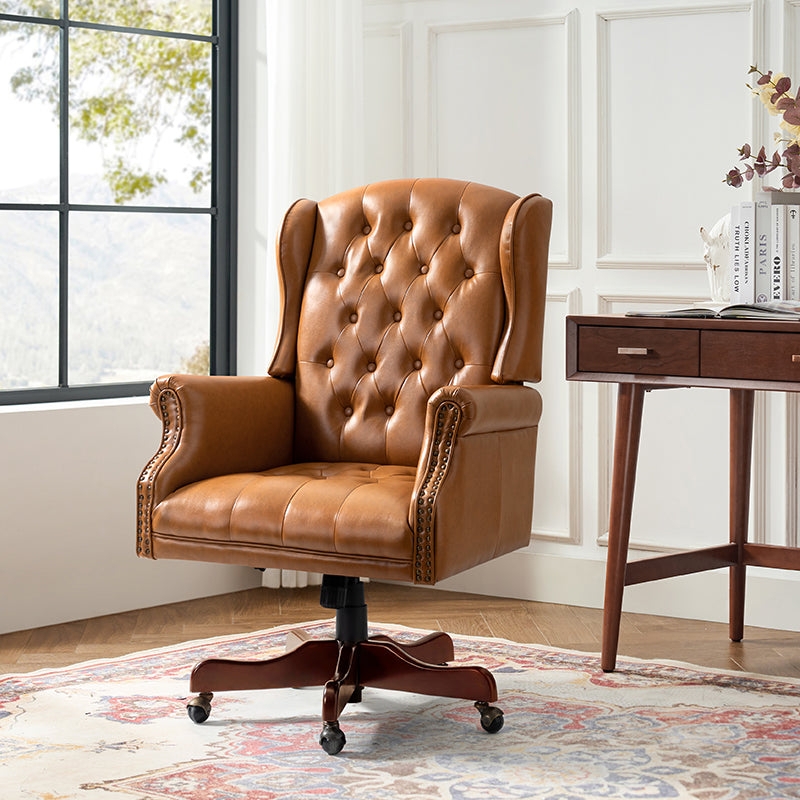 Office Chair Camel Leather Look Button Tufted Back Traditional Style
