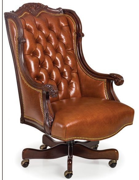 Office Chair: Caramel Tufted Swivel with Rolled Arms & Wood Base