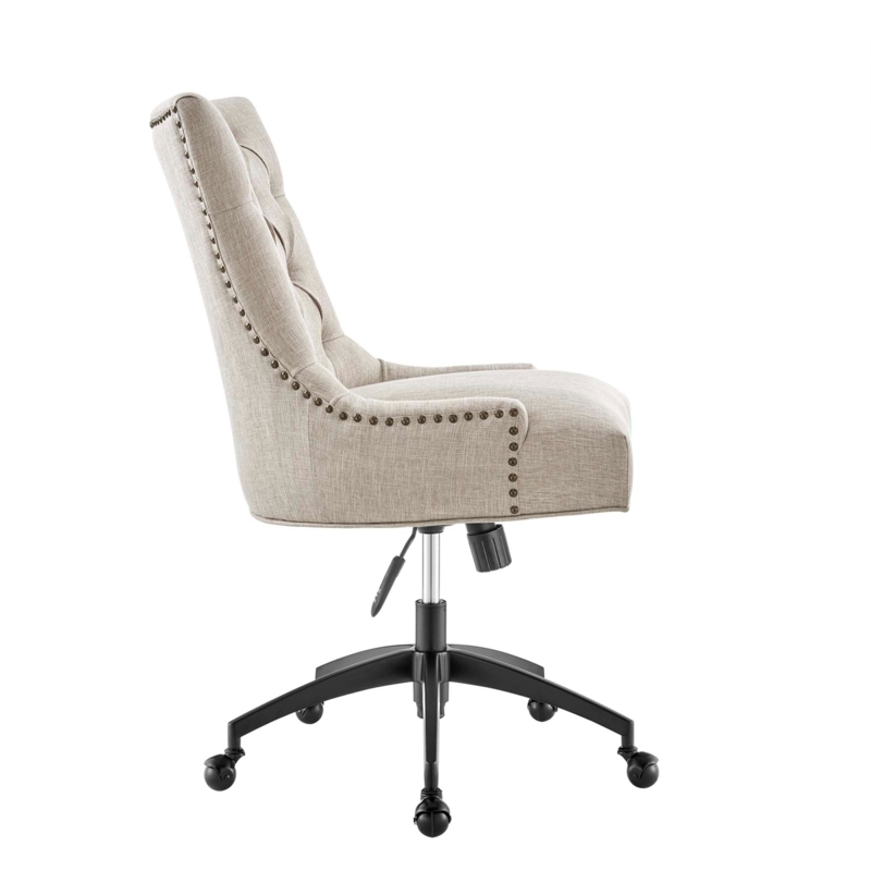 Office Chair: Charcoal Gray Tufted Fabric Swivel with Nailhead Trim