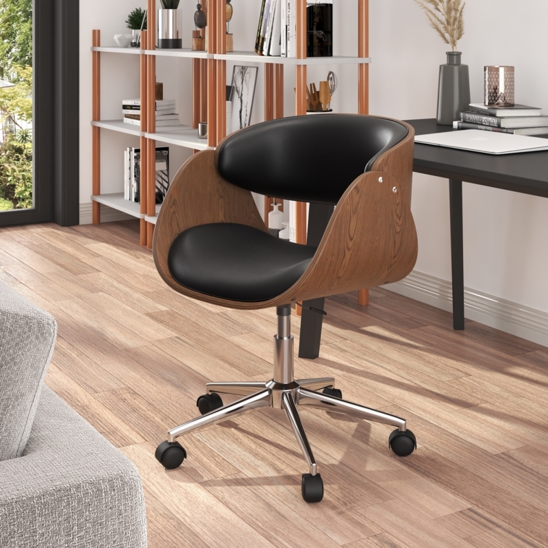 Office Chair Charcoal Gray Woven Fabric Bentwood Frame Swivel