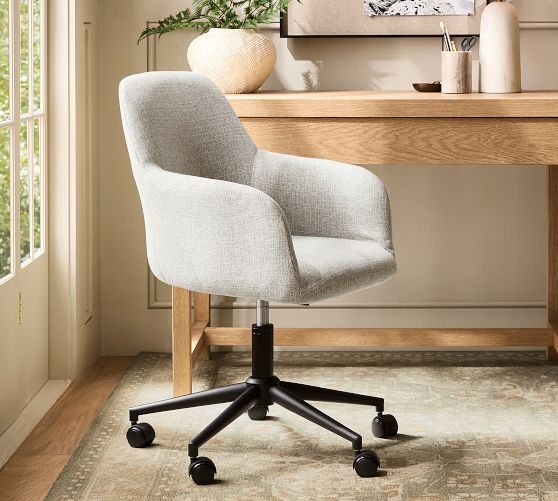 Office Chair Charcoal Grey Fabric Curved Back Wood Toned Base