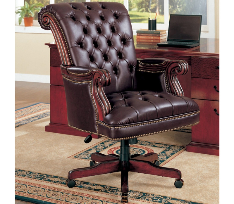Office Chair: Cognac Brown Tufted Swivel with Ornate Carved Wood