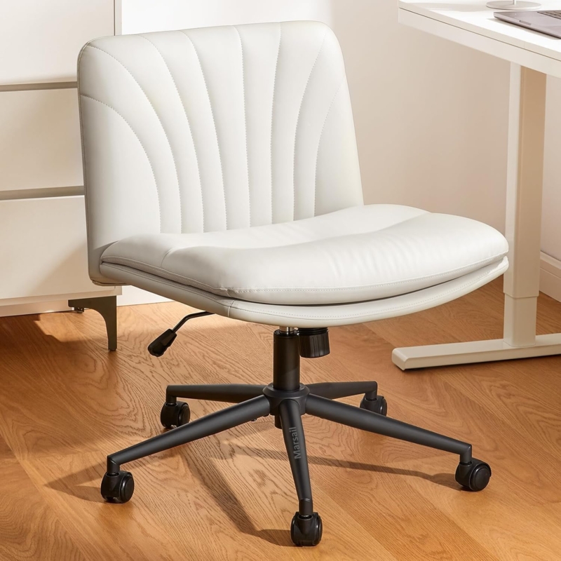Office Chair Cream Leather Like Diamond Stitching Polished Chrome