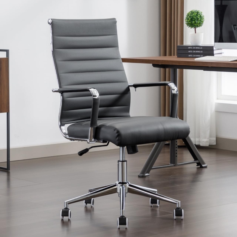 Office Chair, Cream Ribbed Upholstery with Polished Chrome Frame