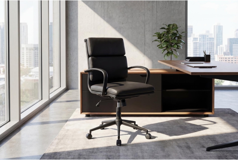 Office Chair Curved Wood Shell Black Polished Chrome Base