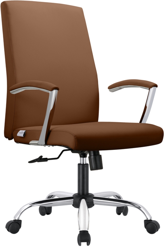 Office Chair Dark Brown Leather Like Ribbed Stitching Chrome Frame