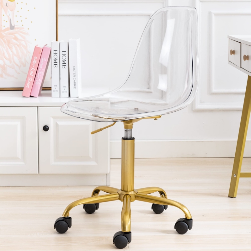 Office Chair featuring Gold Metal Base and Transparent Acrylic Shell Seat
