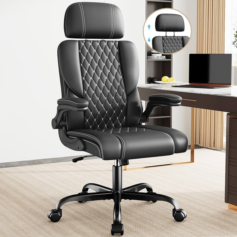 Office Chair Flip-Up Arms Adjustable Headrest Black