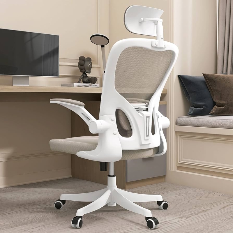 Office Chair Flip-up Arms Khaki Mesh Ergonomic White Desk Chair