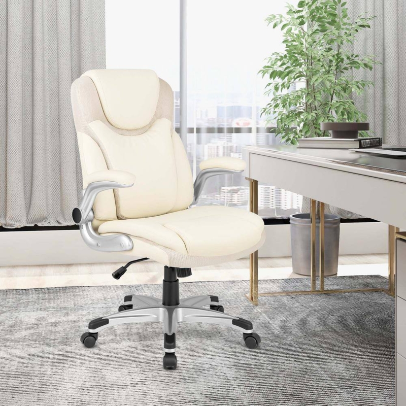 Office Chair Flip Up Arms Segmented Padding Cream Upholstery Swivel