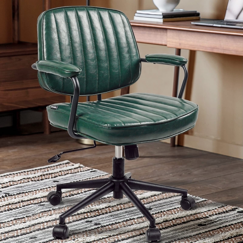 Office Chair Forest Green Leather Wood Base Channel Tufted Mid Century
