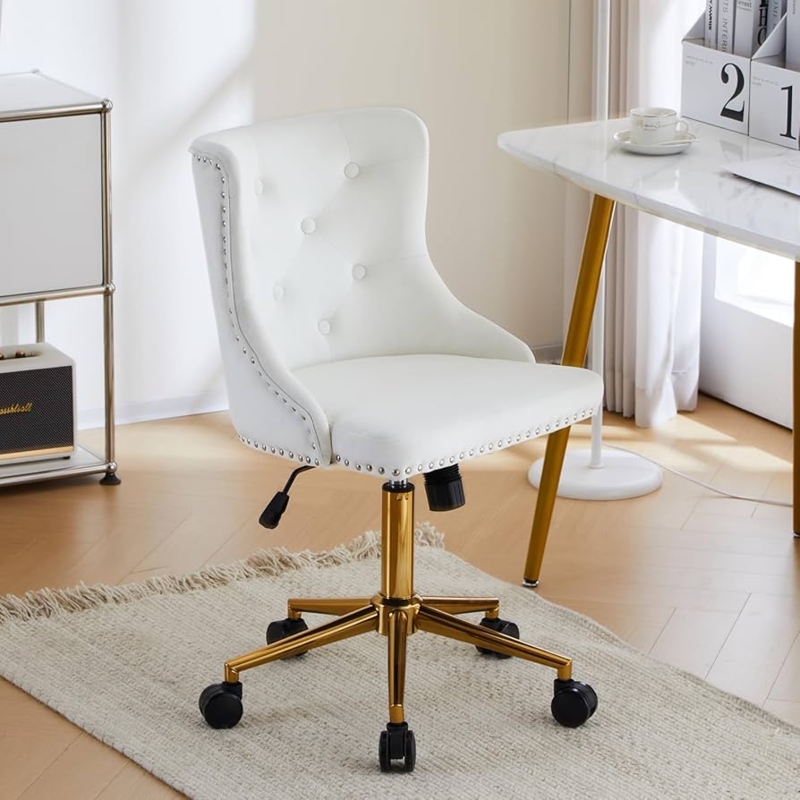 Office Chair, Glam White Velvet, Armless Vanity Chair with Wheels