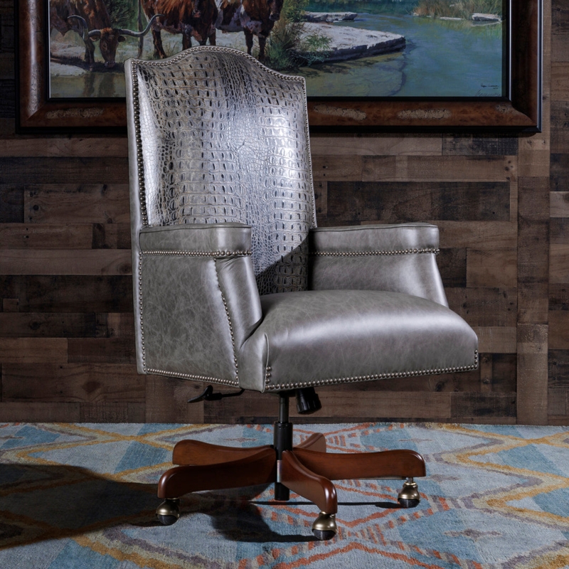 Office Chair Gray Crocodile Embossed Leather Wood Toned Arms Western