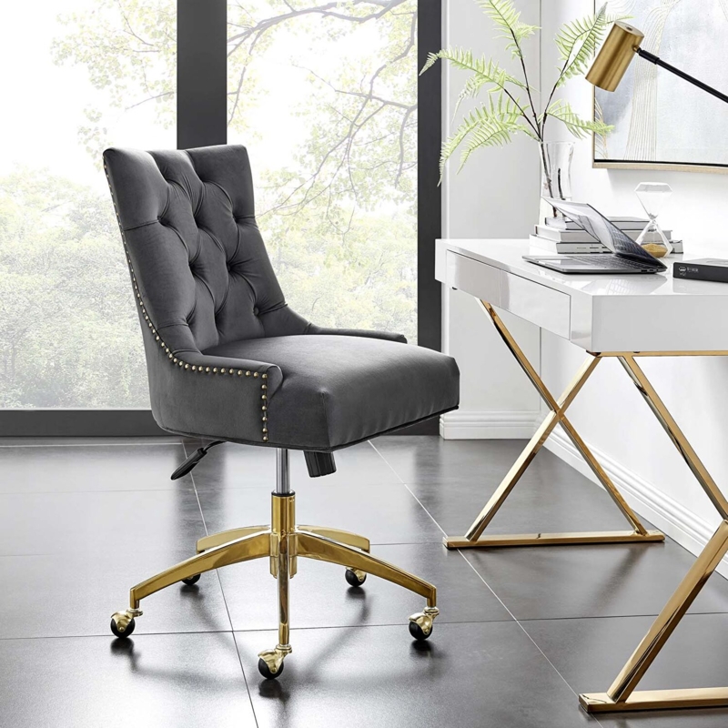 Office Chair Grey Channel Tufting Gold Base Swivel Chic Velvet
