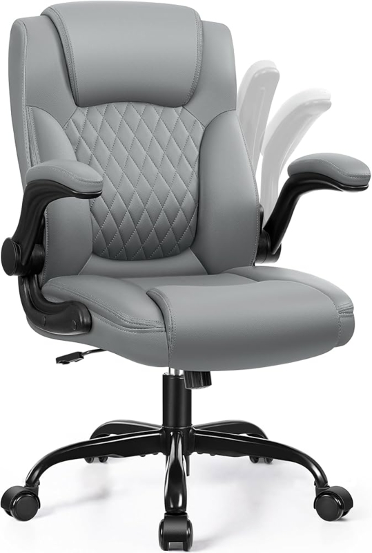 Office Chair Grey Flip Up Armrests Diamond Quilting Ergonomic