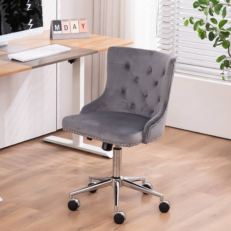 Office Chair Grey Velvet Armless Vertical Channel Tufting Silver Base.
