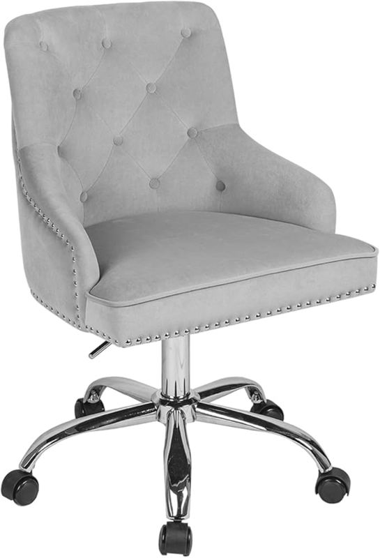 Office Chair Grey Velvet Tufted Nailhead Trim Glam Swivel Desk.