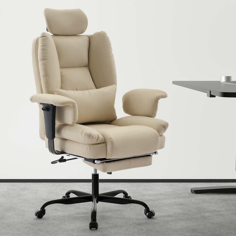 Office Chair High Back Beige Upholstery Segmented Padding Polished